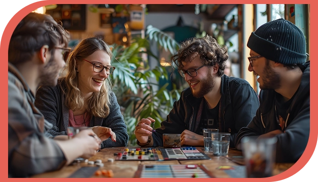 Een groep van vier jonge mensen speelt een bordspel in een café.