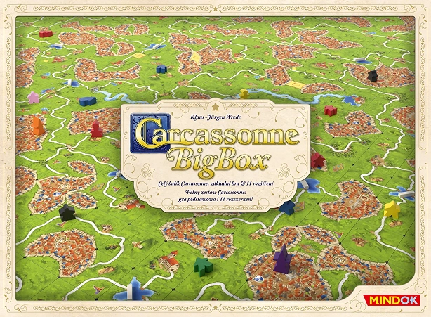 De hoes van het spel Carcassonne met een afbeelding van het speelbord.
