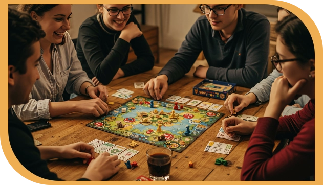 Een vrolijke groep jongeren zit aan een grote tafel en speelt een bordspel.