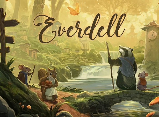 Omslag van het spel Everdell met afbeeldingen van dieren en personages uit het spel.