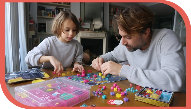 Vader en dochter spelen een bordspel in de keuken.