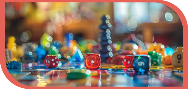 De kleurrijke, doorschijnende speelstukken staan op het speelbord van het bordspel.