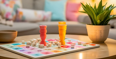 De kleurrijke speelstukken staan op het speelbord in de lichte woonkamer.