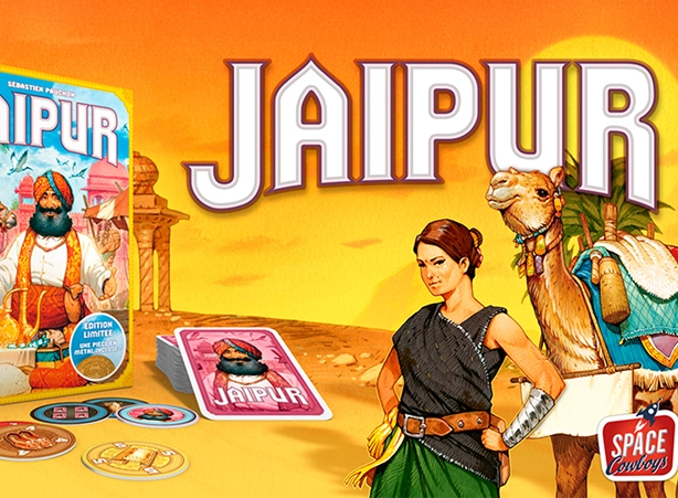 De hoes van het spel Jaipur met een afbeelding van een kasteel.