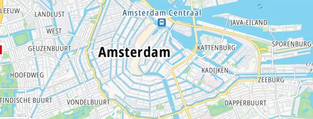 Google-kaart van Amsterdam met wegen in lichte kleuren.