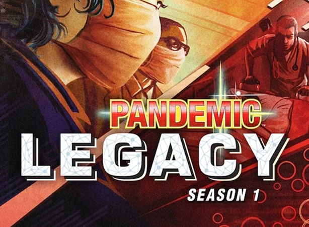 De hoes van het spel Pandemic Legacy: Season 1 met een afbeelding van artsen en personages uit het spel.