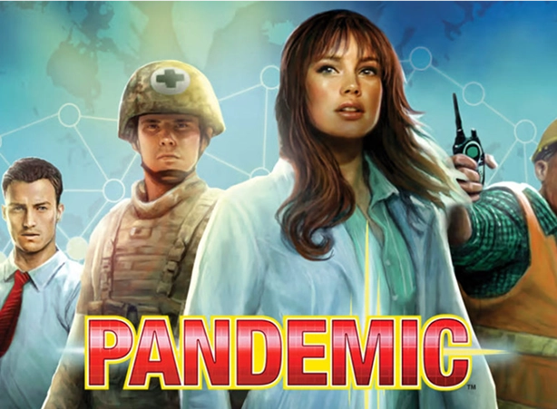 De hoes van het spel Pandemic met afbeeldingen van artsen en personages uit het spel.