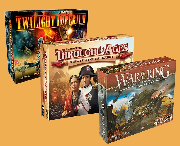 Spelset met de spellen Twilight Imperium: Fourth Edition, Through the Ages: A New Story of Civilization en War of the Ring: Second Edition