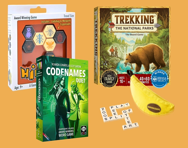 Spelset met de spellen Codenames Duet, Hive Pocket, Trekking the National Parks en Bananagrams