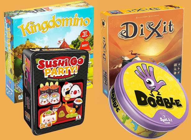 Spelset met de spellen Kingdomino, Dobble, Dixit en Sushi Go Party!