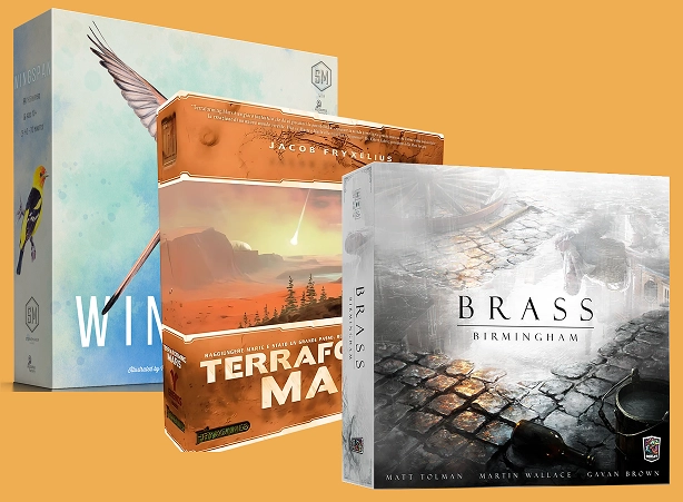 Spelset met de spellen Wingspan, Terraforming Mars en Brass: Birmingham
