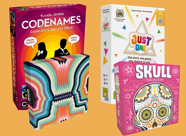Spelset met de spellen Codenames, Just One, Wavelength en Skull