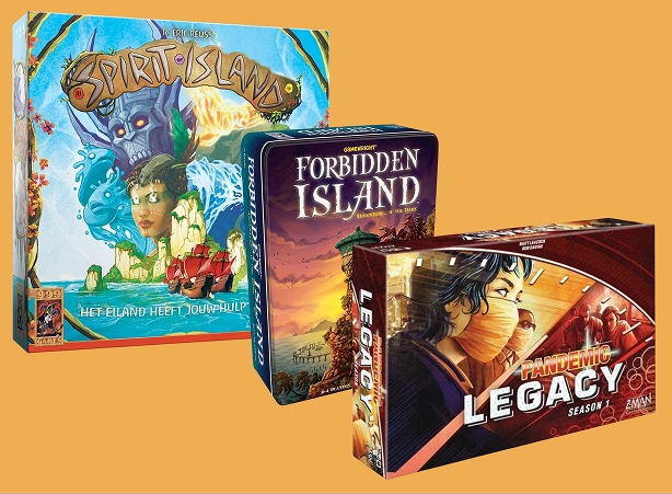 Spelset met de spellen Pandemic Legacy: Seizoen 1, Spirit Island en Forbidden Island