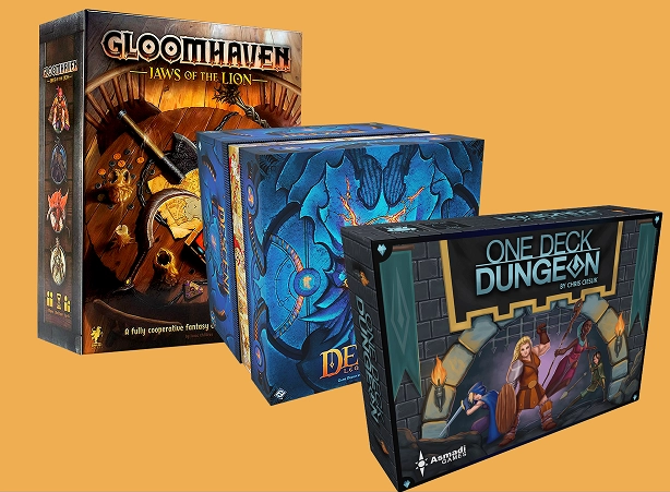 Spelset met de spellen Gloomhaven: Jaws of the Lion, Descent: Legends of the Dark en One Deck Dungeon