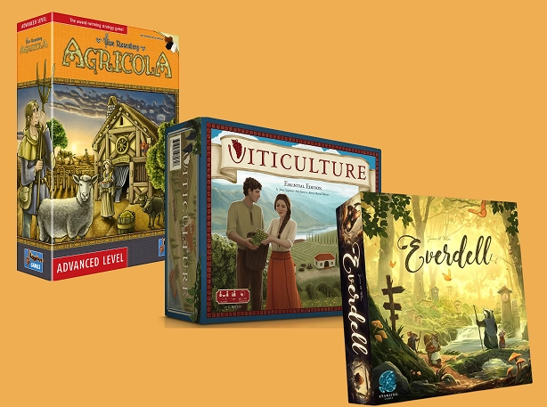 Spelset met de spellen Agricola, Viticulture: Essential Edition en Everdell