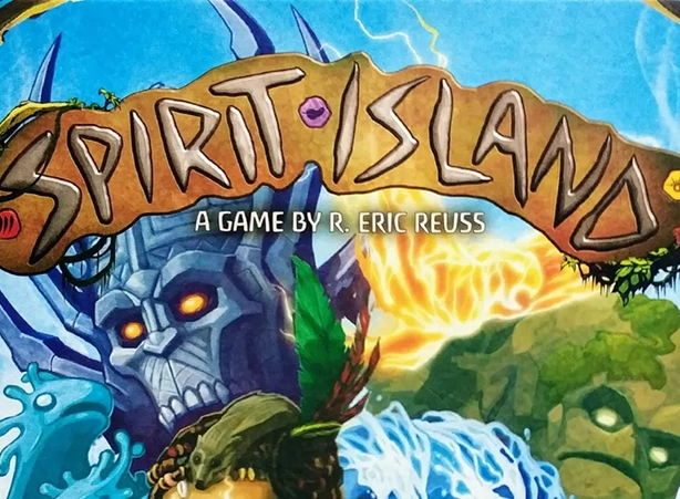 De cover van de game Spirit Island met afbeeldingen van de personages uit de game.