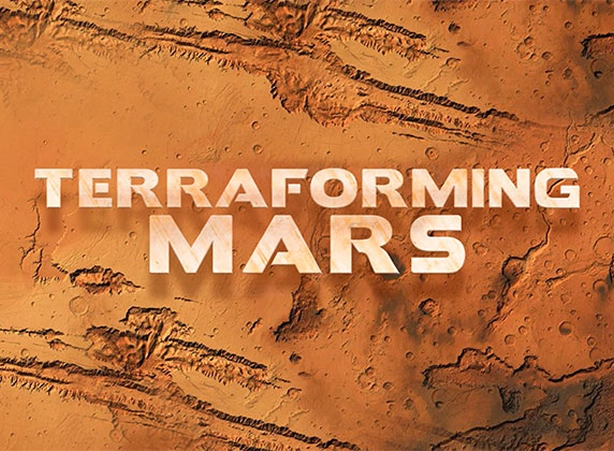 De hoes van het spel Terraforming Mars met een afbeelding van het oppervlak van Mars.