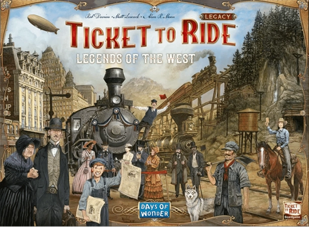 De hoes van het spel Ticket to Ride met een trein en mensen.