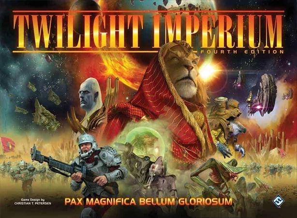 De cover van het spel Twilight Imperium: Fourth Edition met afbeeldingen van de personages uit het spel.